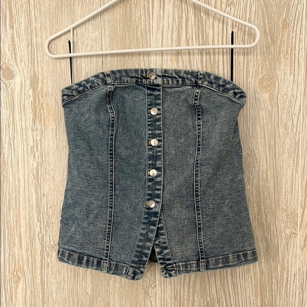 Denim Button-Up Strapless Top